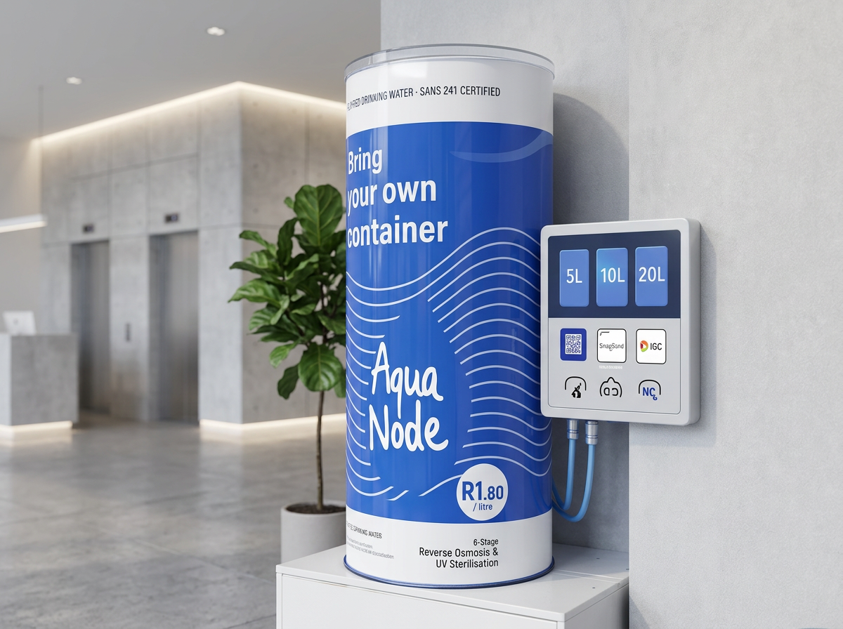 AquaNode Water Bar concept render — purified water refill station installed in a modern apartment lobby